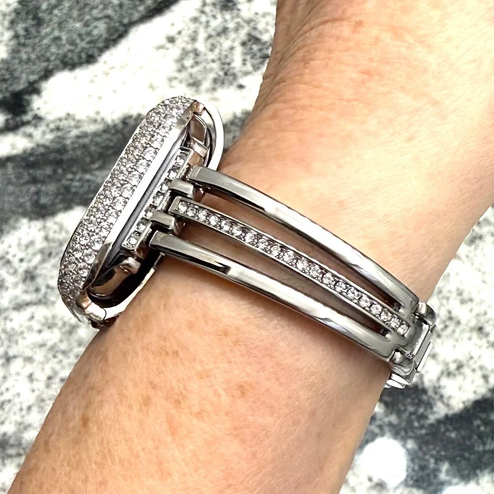 2 pc Apple Watch set white gold lab diamond case and crystal band classy bling